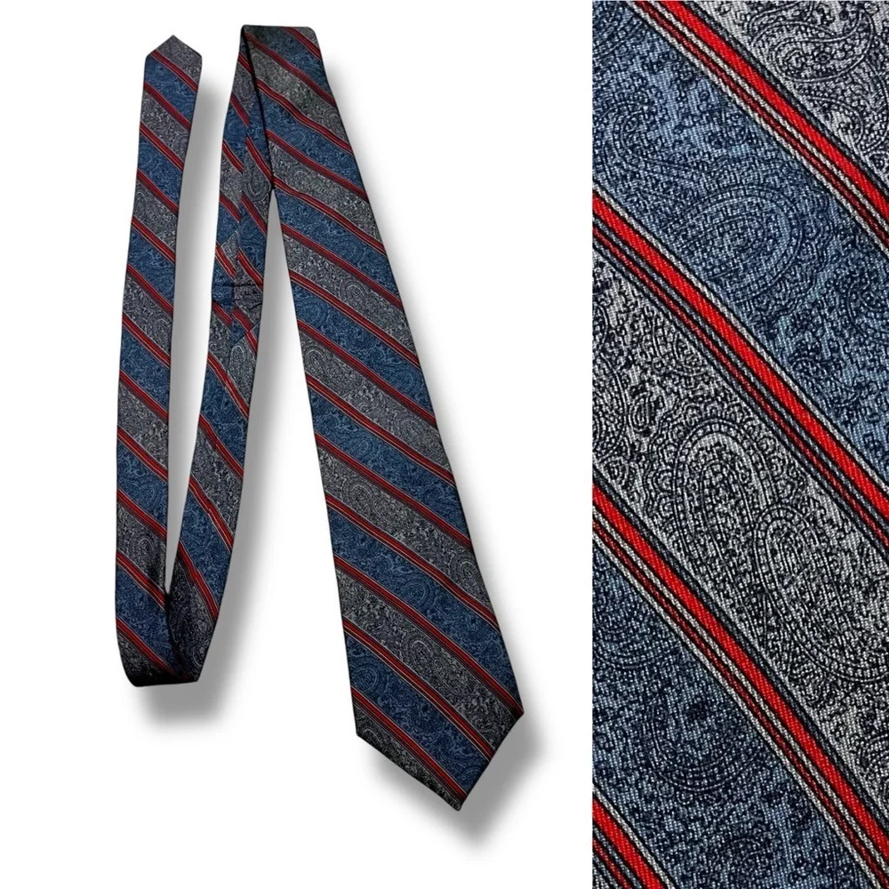 Vintage Hardy Amies London 100% Silk Neck Tie Blue Paisley Red Stripe Preppy
